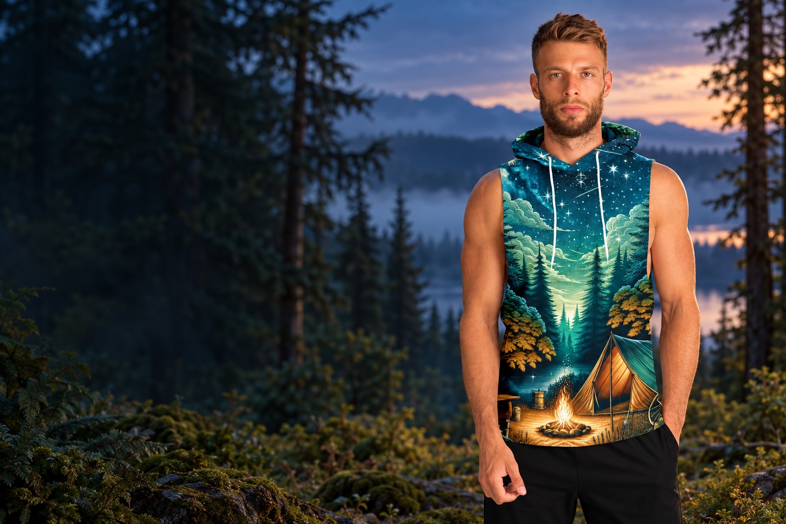 Campfire Nights sleeveless hoodie with its forest and starry-sky print, styled against an atmospheric woodland backdrop